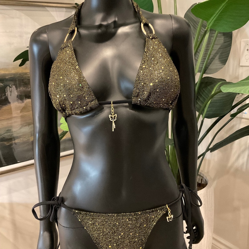 Black/Gold Shimmery Bikini with Charming Bikinis Glamorous Butterfly Charm!